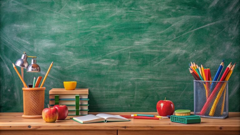 Empty Green Chalkboard with School Supplies.