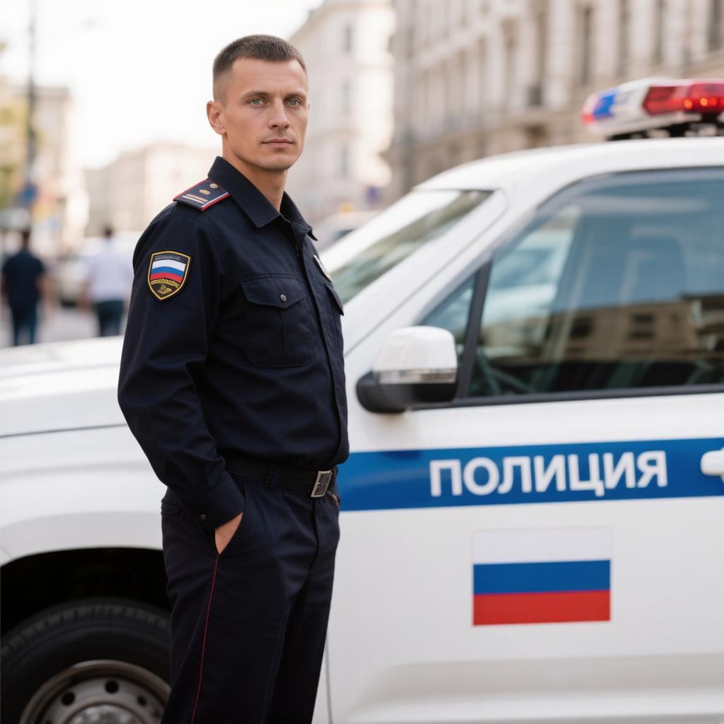 Служебный автомобиль вневедомственной охраны Росгвардии с включенными синими проблесковыми маячками во дворе многоэтажного дома
