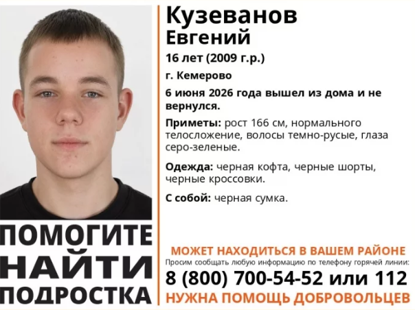 Официальная фото-ориентировка поисково-спасательного отряда ЛизаАлерт на пропавшего в Кемерове 16-летнего подростка с указанием примет и телефонов горячей линии.