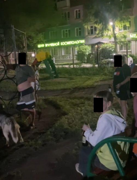 Запись со смартфона жильцов, фиксирующая распитие спиртных напитков и ночной дебош шумной компании на детской площадке во дворе дома по улице Кутузова в Новокузнецке.
