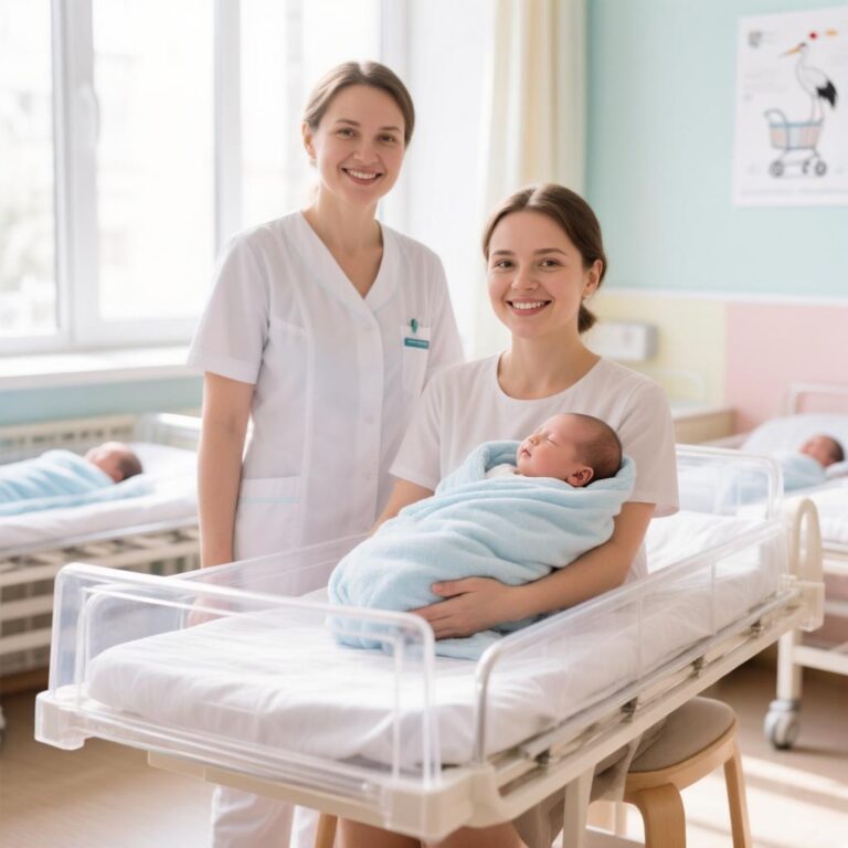 Фасад современного здания родильного дома на юге Кемеровской области — Кузбасса с вывеской медицинского учреждения.