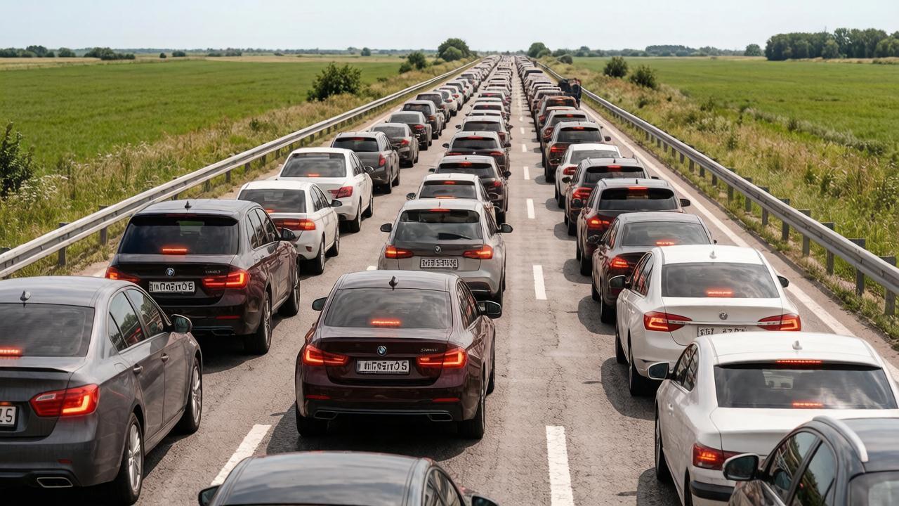 Плотный поток автомобилей и многокилометровые заторы на федеральной трассе в южном направлении