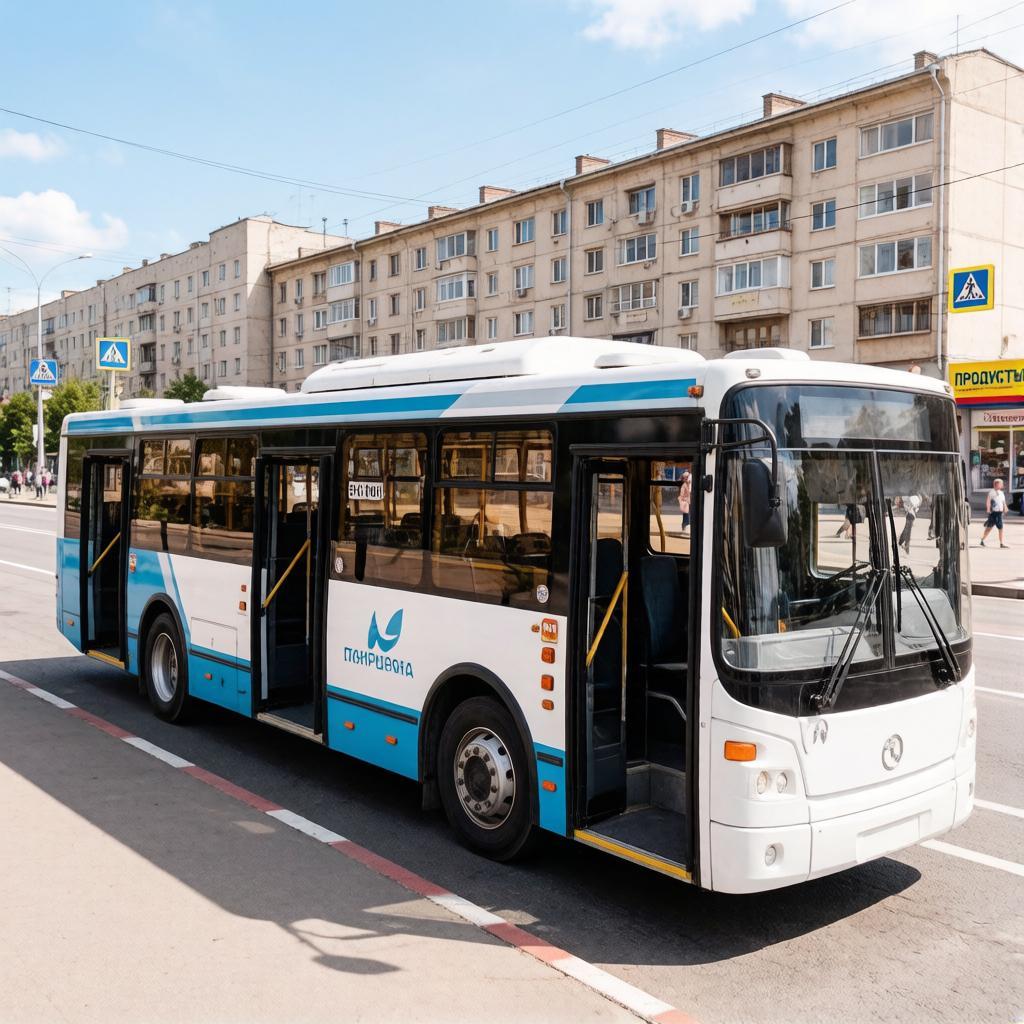 Современный городской пассажирский автобус на улицах одного из городов Кемеровской области