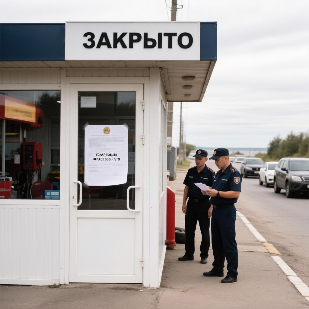 Территория автомобильной газозаправочной станции, на въезде в которую установлены заградительные ленты и печать судебных приставов о приостановке деятельности.