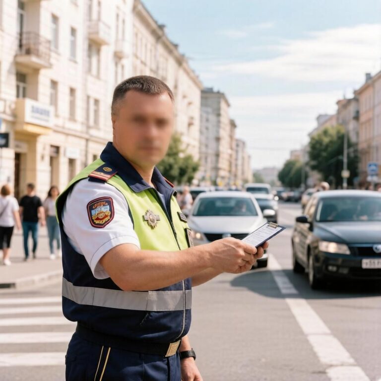 Патрульный автомобиль Госавтоинспекции с включенными спецсигналами на месте оформления правонарушения