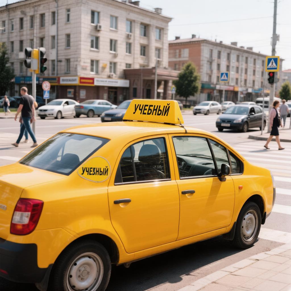 Учебный автомобиль автошколы с опознавательными знаками на перекрестке в Новокузнецке