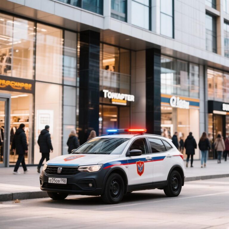 Патрульный автомобиль вневедомственной охраны Росгвардии на фоне торгового центра в Новокузнецке