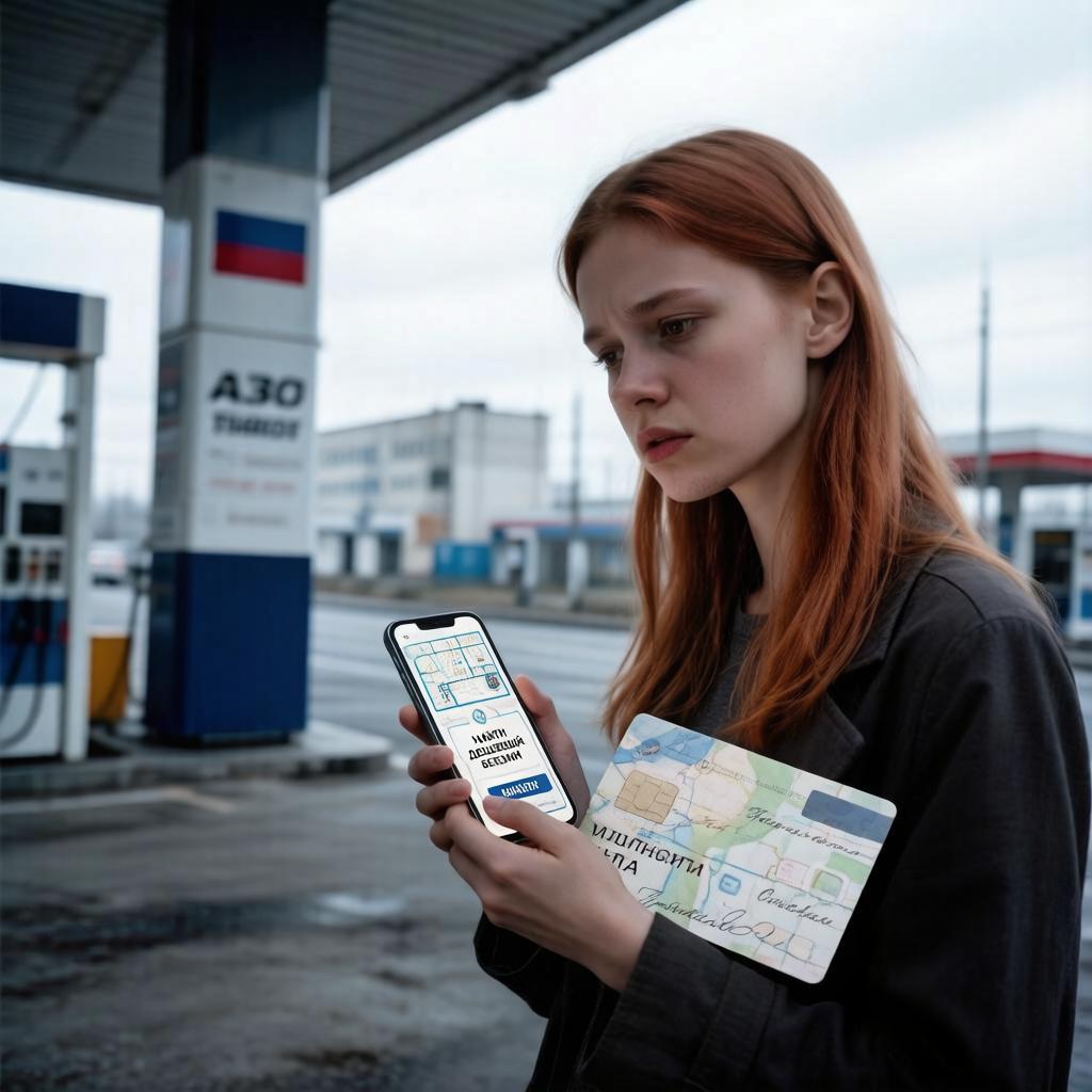 Экран современного смартфона с запущенным вредоносным приложением на фоне заправочного пистолета автомобильной АЗС