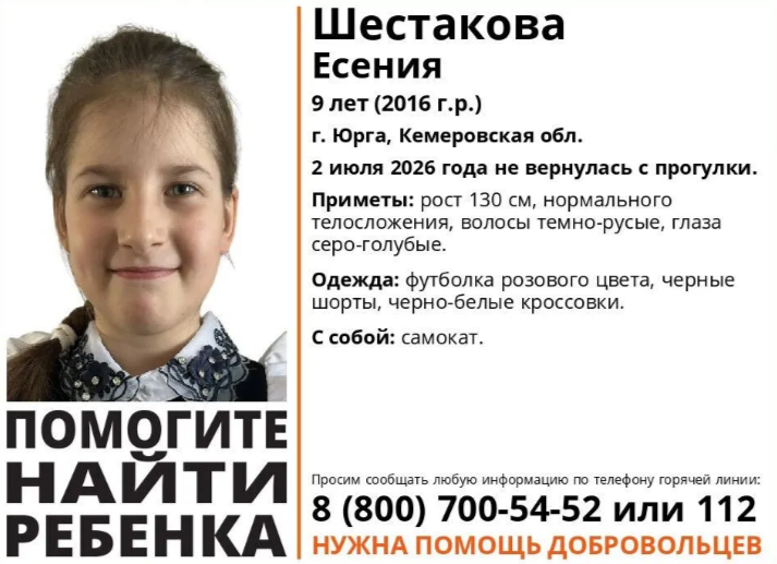 Официальная ориентировка с описанием внешности, одежды и особых примет пропавшей девятилетней Есении Шестаковой для распространения в общественных местах.