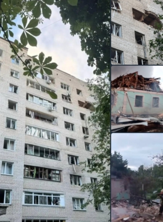 Ликвидация пожара в жилом секторе сотрудниками МЧС после падения обломков летательного аппарата.