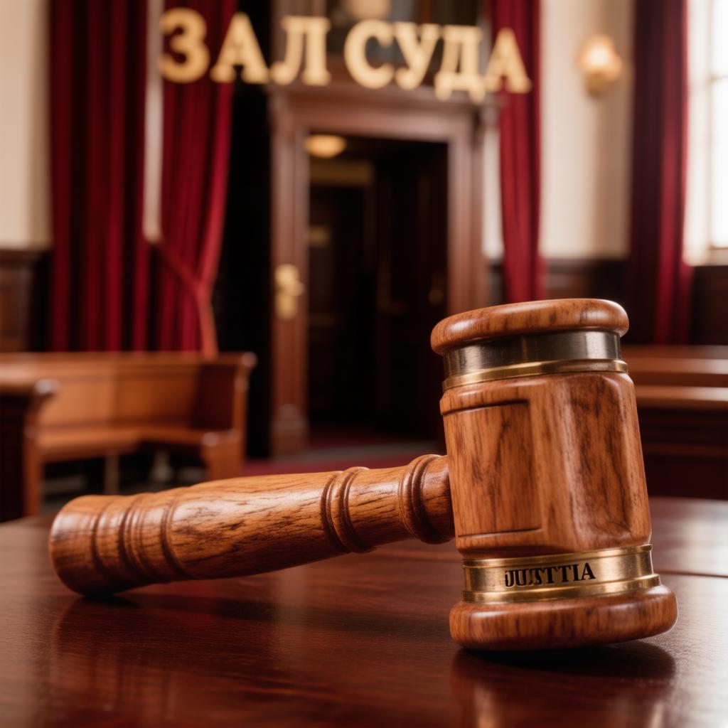 Деревянный судейский молоток на столе в зале судебных заседаний Кемеровской области