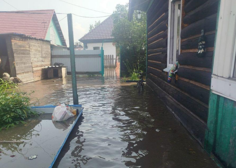 Затопленный дождевой водой придомовой участок и подтопленное крыльцо жилого дома в частном секторе