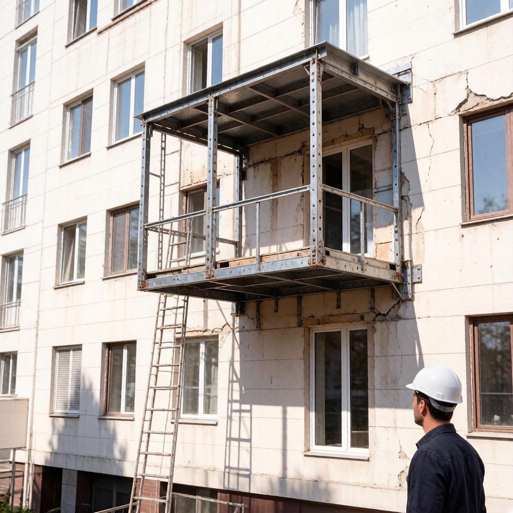 Деревянный балкон в многоквартирном доме жилого сектора